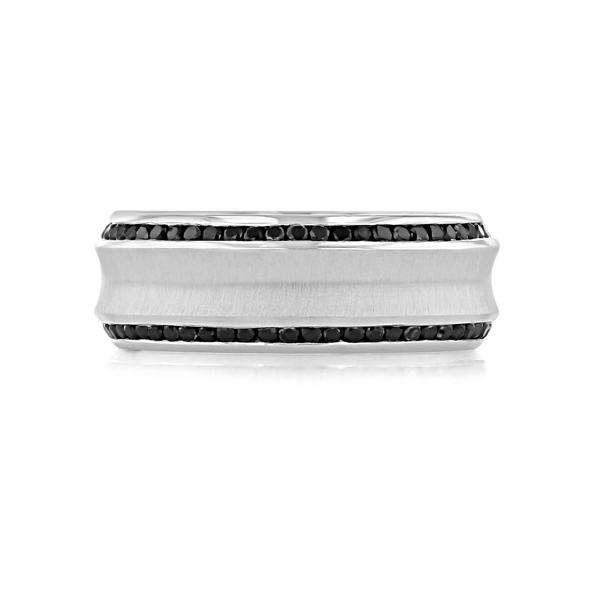 Icing On The Ring Diamond Wedding Band | WB515 featuring a platinum band with two rows of black diamonds bordering a brushed center finish.
