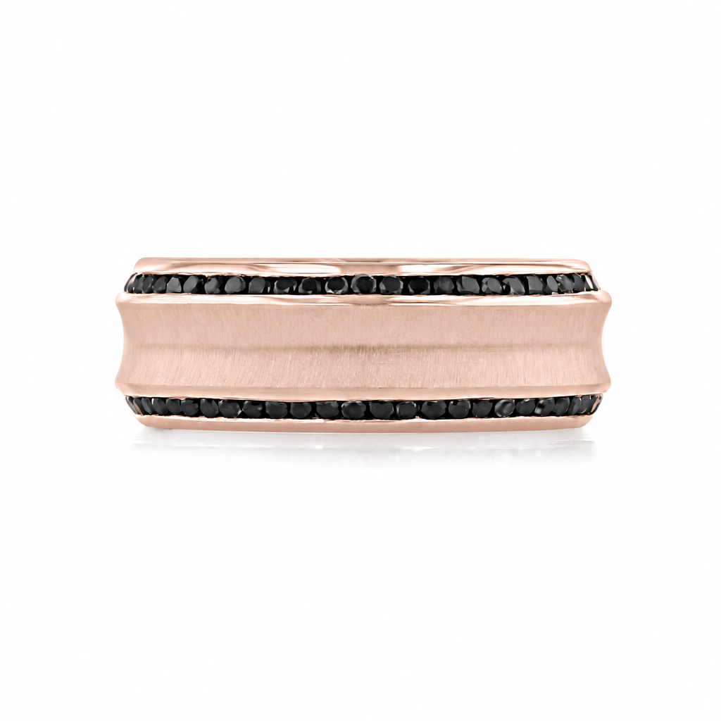Icing On The Ring Diamond Wedding Band | WB515 in rose gold, featuring two rows of black diamonds bordering a central brushed metal finish.