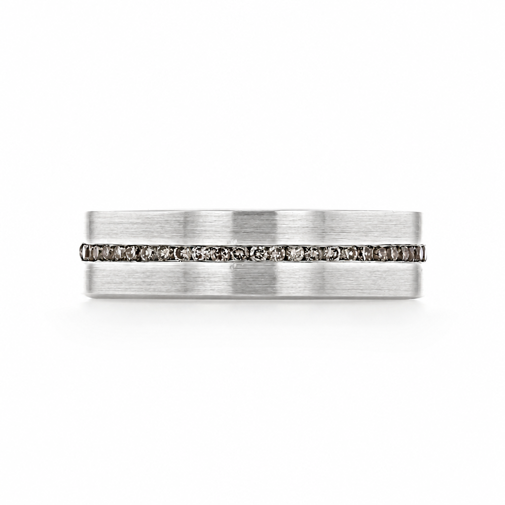Icing On The Ring Diamond Wedding Band | WB516, a flat platinum band with a center channel set with a row of small champagne diamonds.