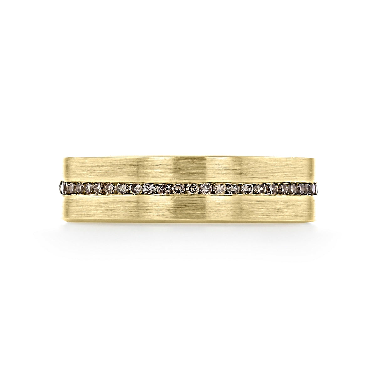 Icing On The Ring Diamond Wedding Band | WB516, a yellow gold band featuring a horizontal channel of pave-set champagne diamonds around the center.