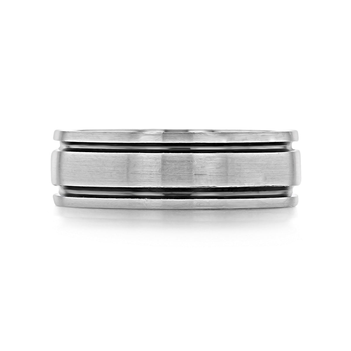 Brushed Wedding Band | WB526 in brushed grey gold with a matte finish and two horizontal recessed black rhodium grooves.
