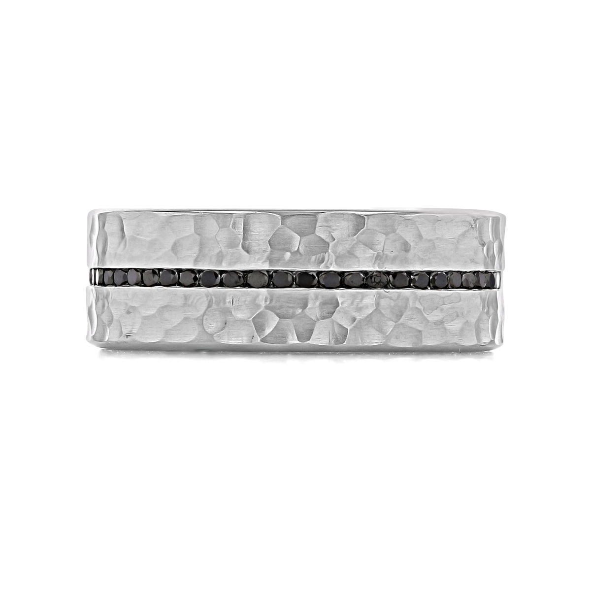 Hammered Wedding Band | WB530 in 14k gold featuring a horizontal row of small black stones set through the center.