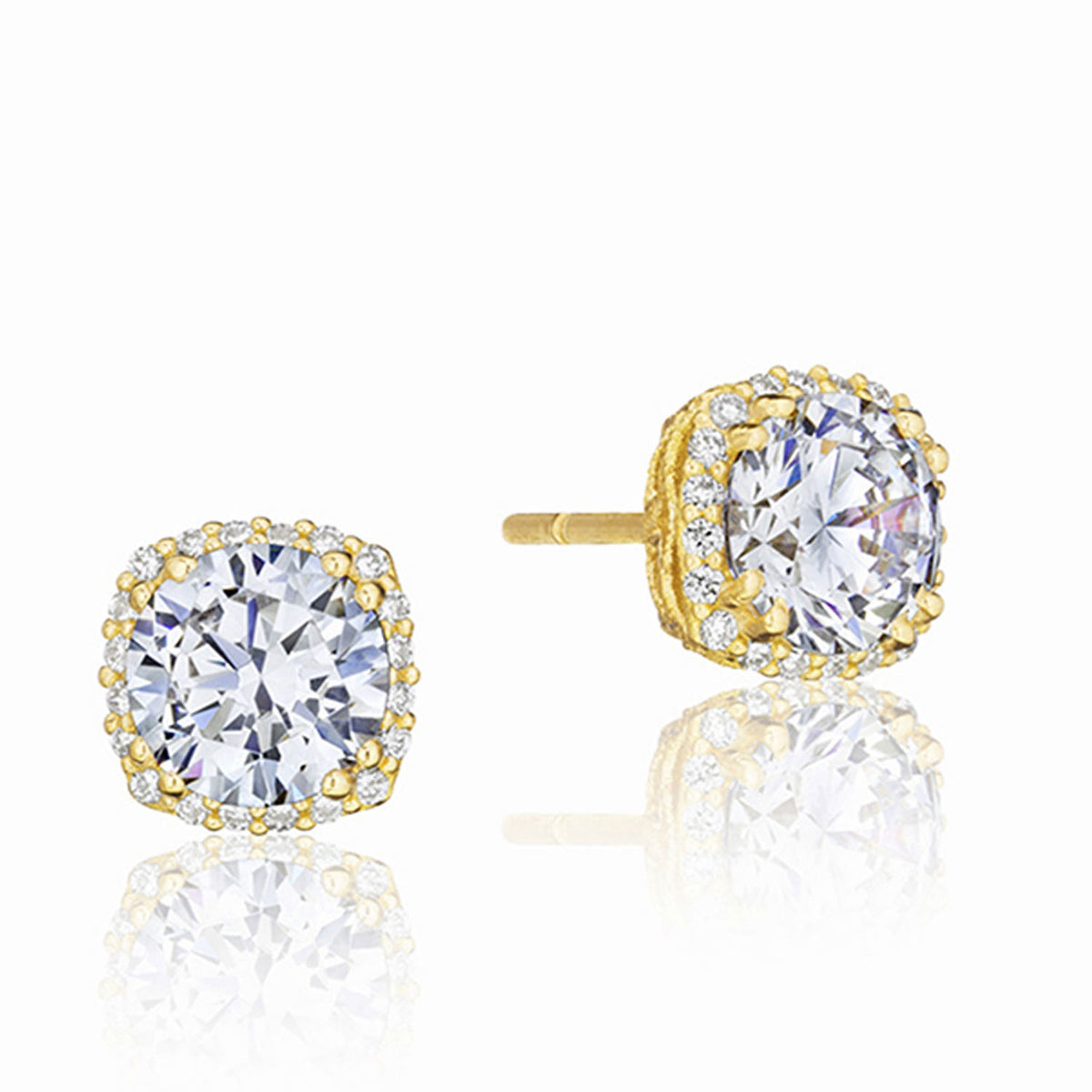 Tacori Dantela Moissanite Fashion Earrings FE6438Y in 18k yellow gold, featuring a round center stone surrounded by a halo of small white stones.