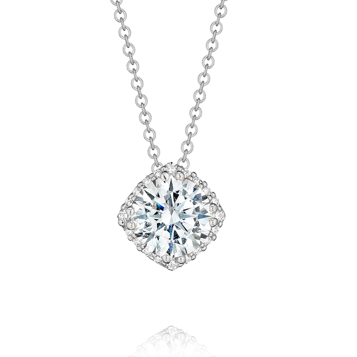Tacori Dantela Fashion Necklace FP64365 featuring a round diamond pendant with a square-shaped halo setting on an 18k white gold chain.