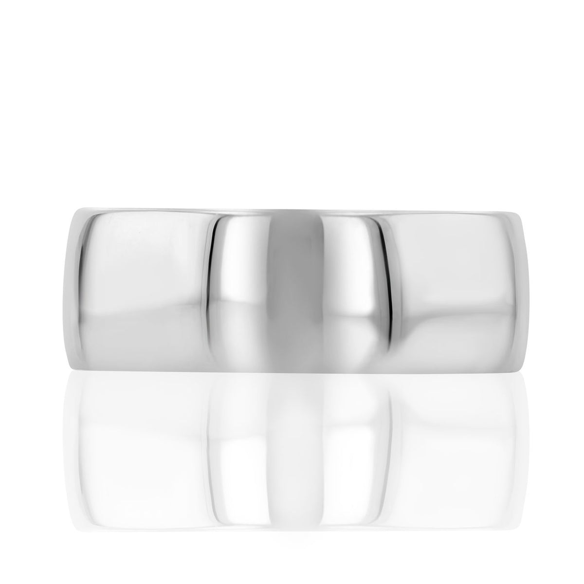 A wide, 8mm Polished Wedding Band | WB495 in white gold with a smooth, polished domed surface.