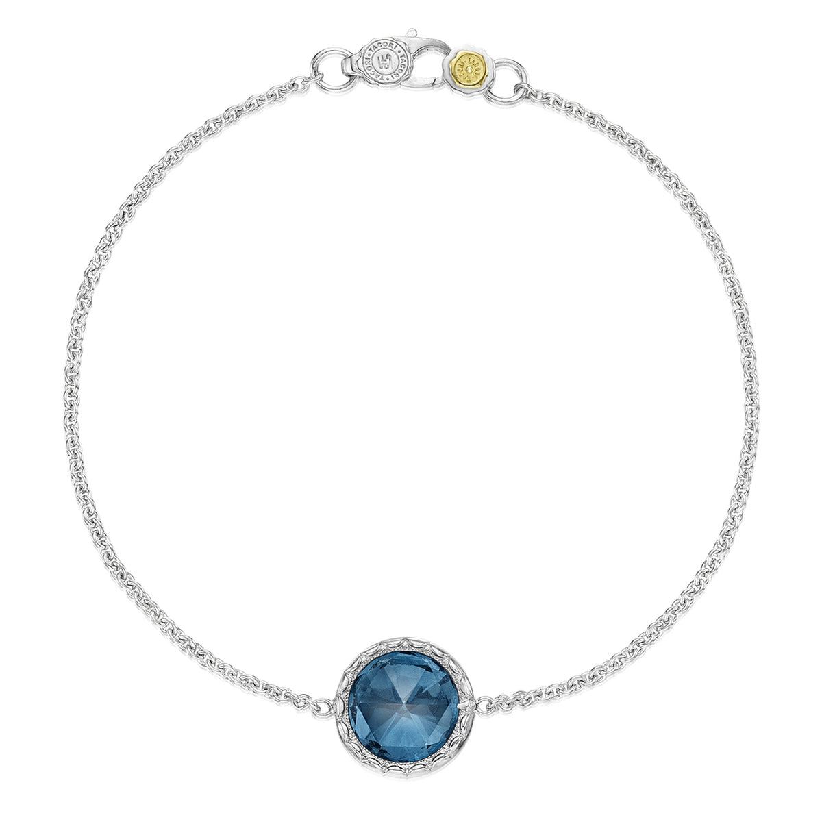 A silver Crescent Embrace London Blue Topaz Fashion Bracelet | SB16633 by Tacori featuring a single round, faceted London blue topaz stone in a textured setting and a lobster clasp closure.