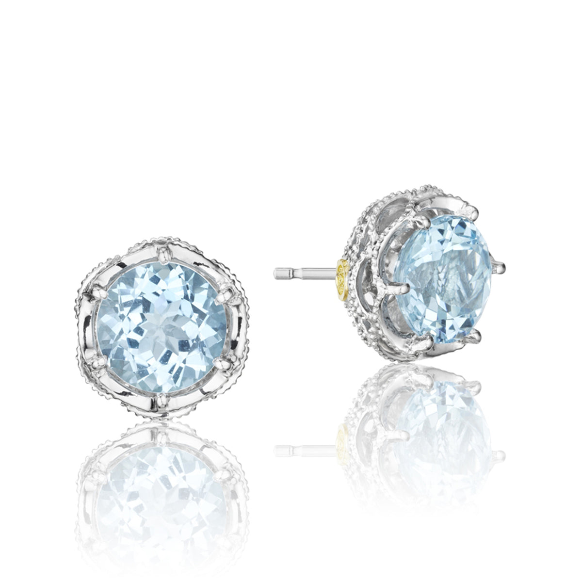 Crescent Crown Sky Blue Topaz Fashion Earrings SE10502 featuring two sky blue topaz stud earrings, each with a round gemstone set in a textured, silver flower-inspired crown setting.