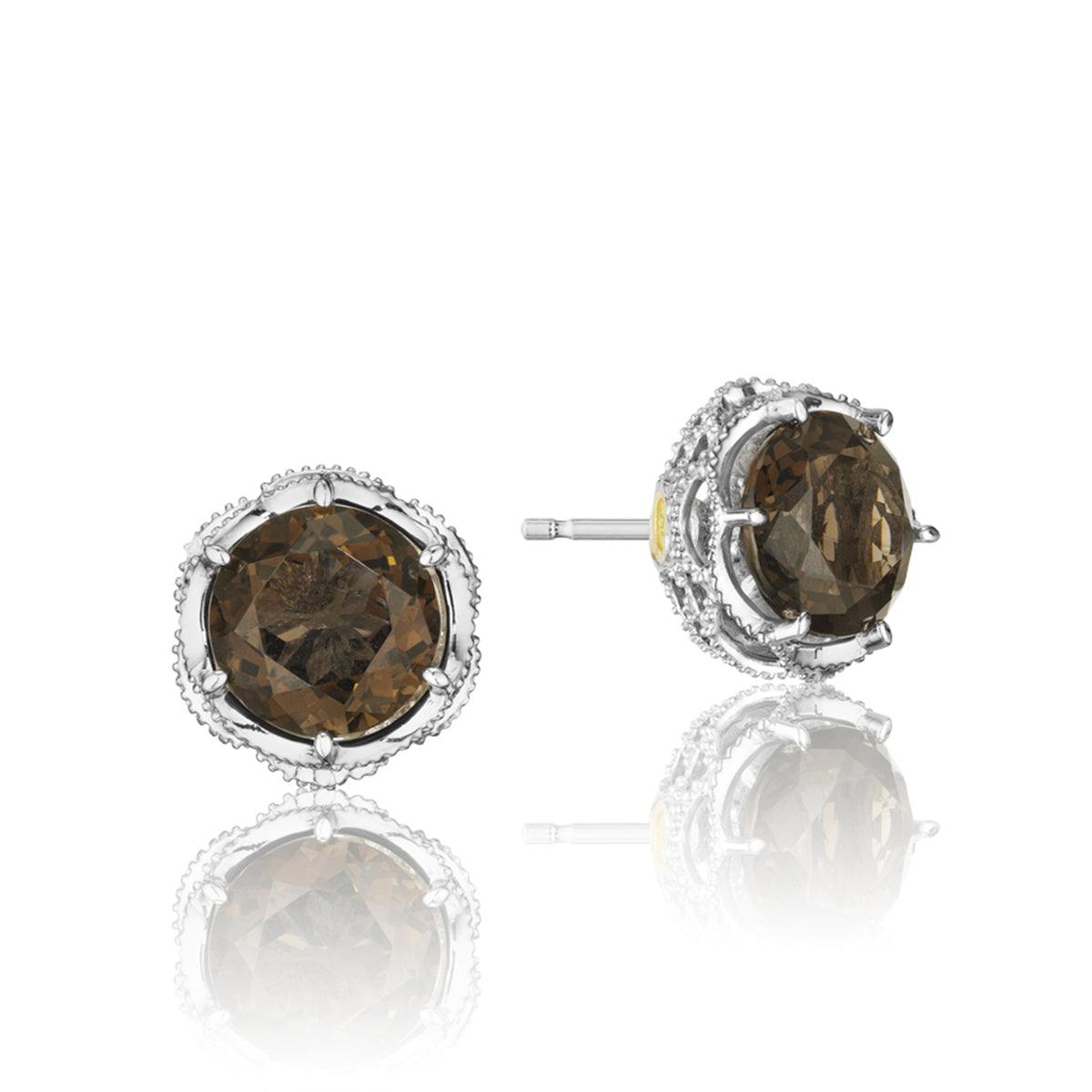 Crescent Crown Smokey Quartz Fashion Earrings SE10517 featuring round smokey quartz studs in silver settings with a scalloped halo of small pavé stones.