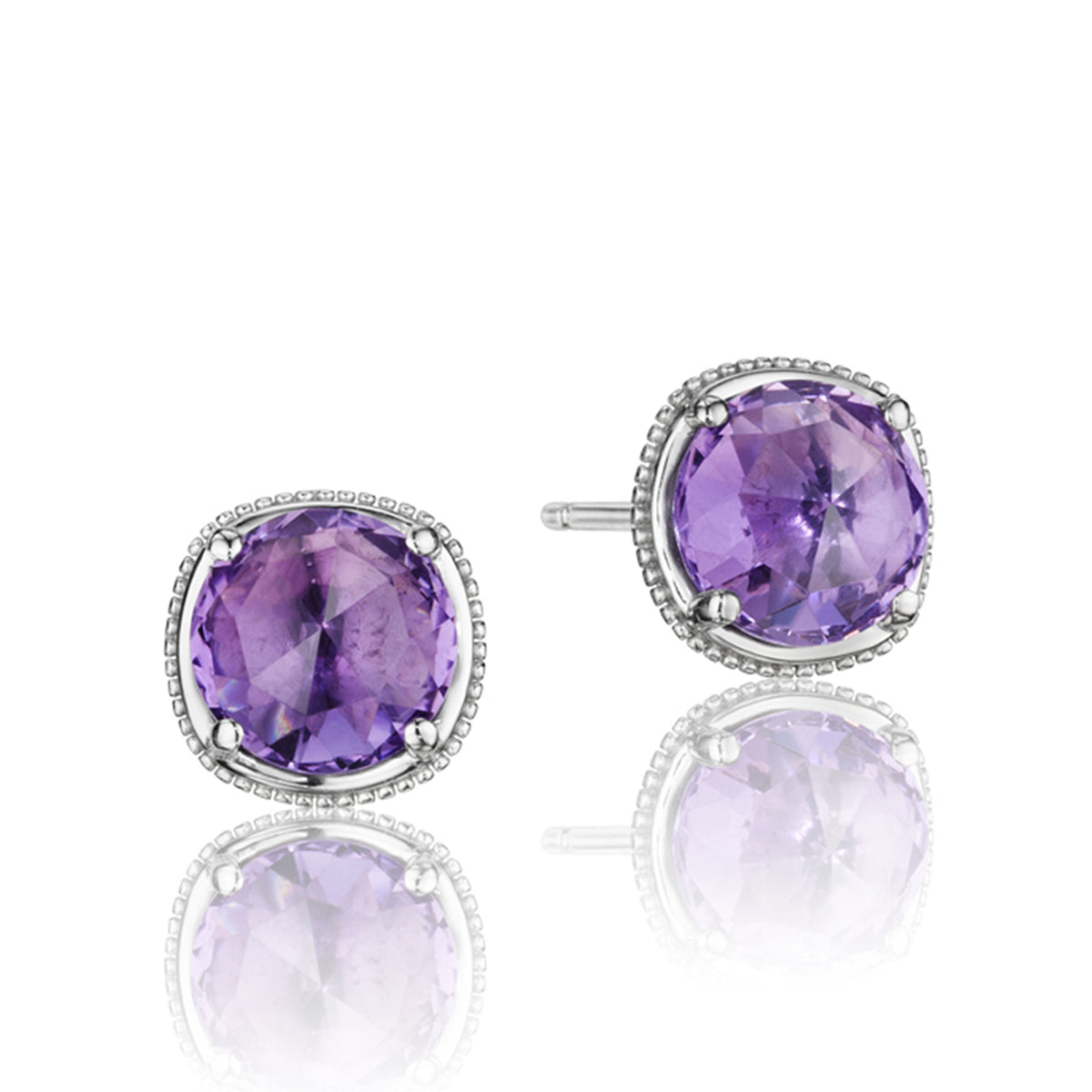 Gemma Bloom Amethyst Fashion Earrings SE15401: round amethyst studs in a pastel purple hue, set in silver frames with a beaded edge.