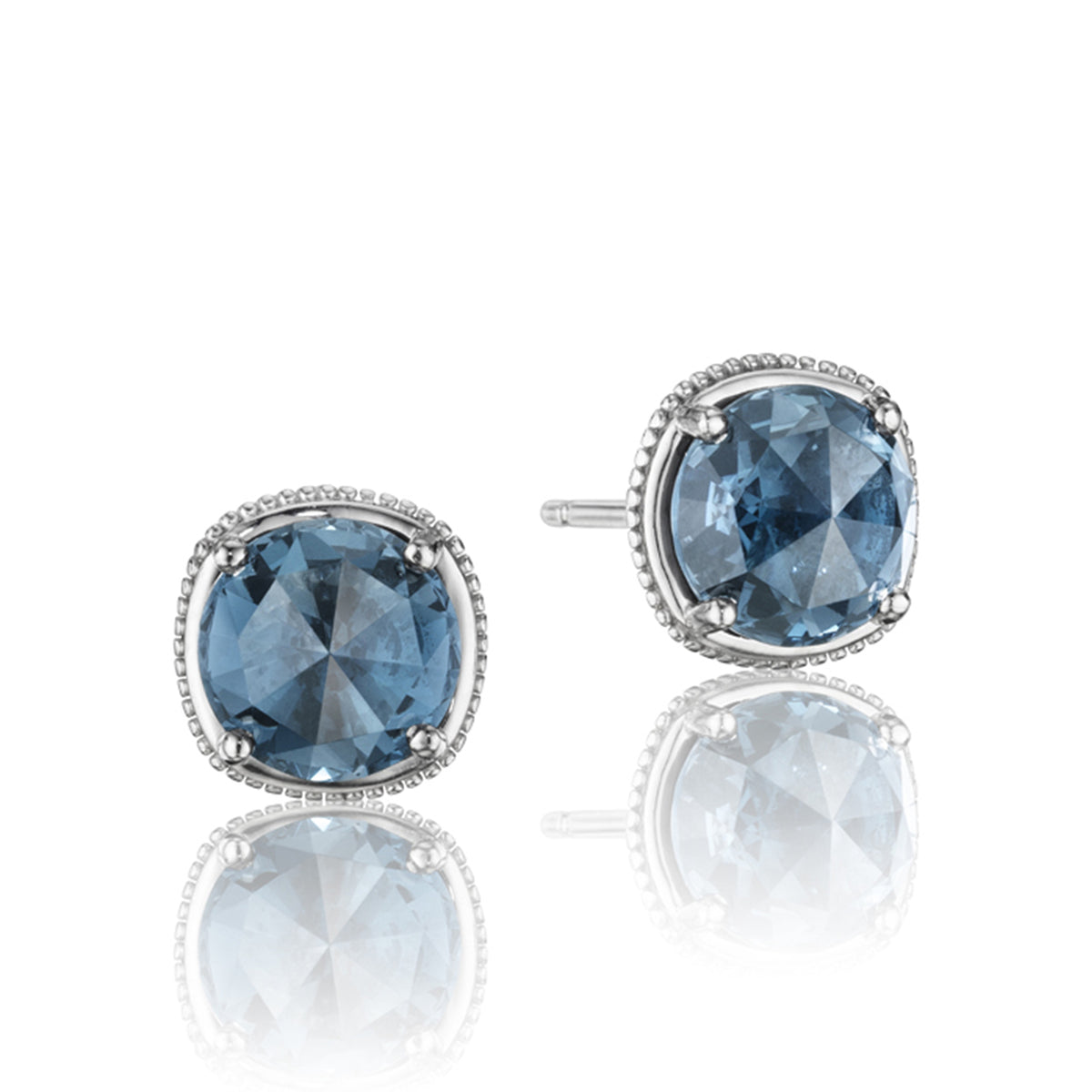 Gemma Bloom London Blue Topaz Fashion Earrings | SE15433 featuring round London blue topaz studs in beaded silver settings.