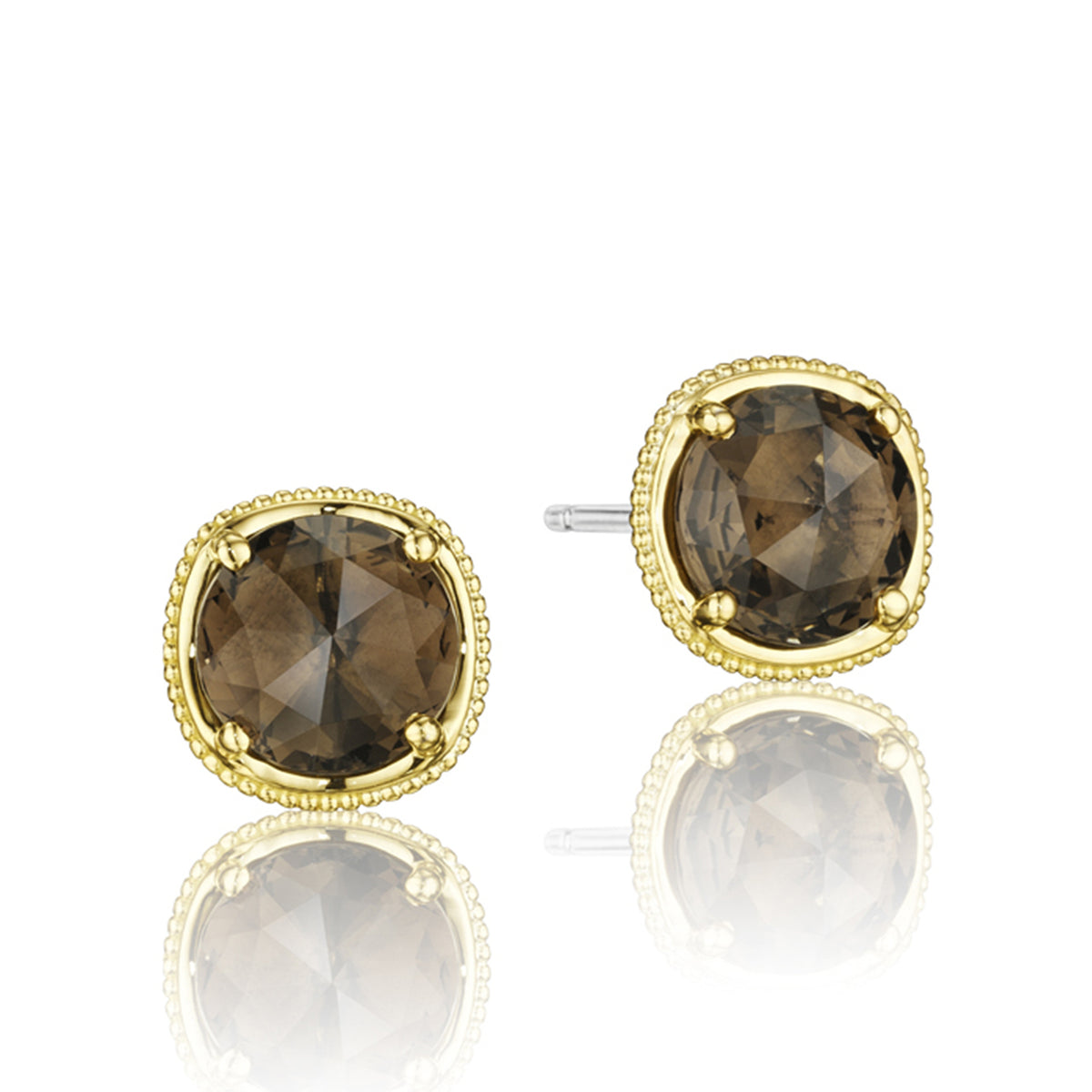 Gemma Bloom Smokey Quartz Fashion Earrings SE154Y17, a pair of round 18k gold stud earrings, each featuring a faceted smokey quartz gemstone in a beaded gold setting.