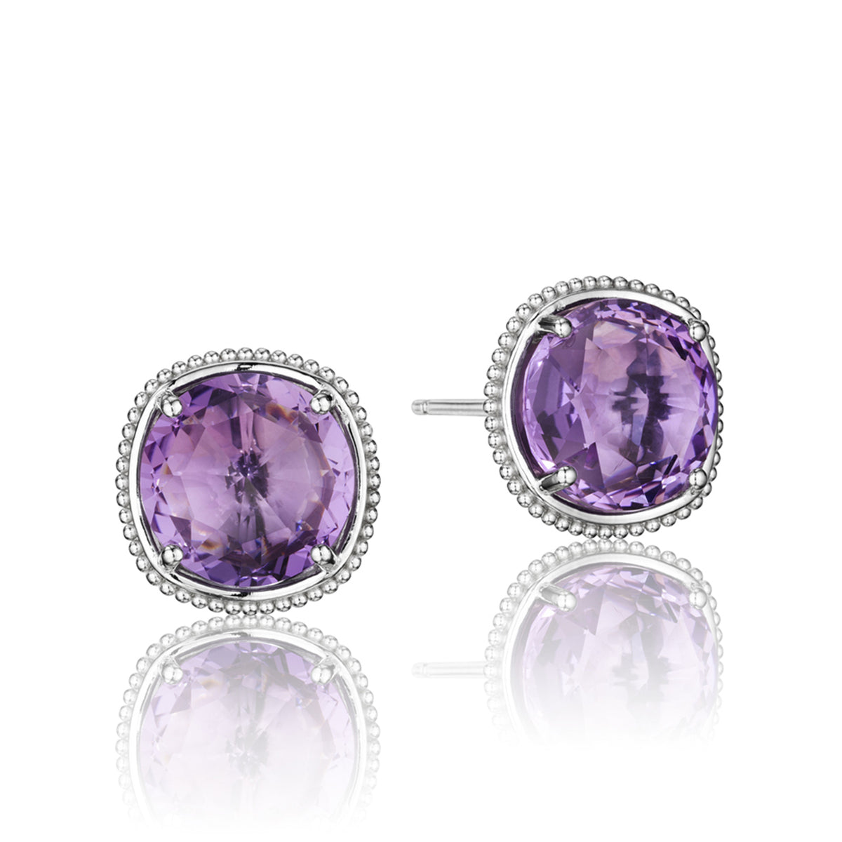 Gemma Bloom Bold Amethyst Fashion Earrings SE15601 by Tacori featuring round amethyst studs in silver frames with beaded edges.