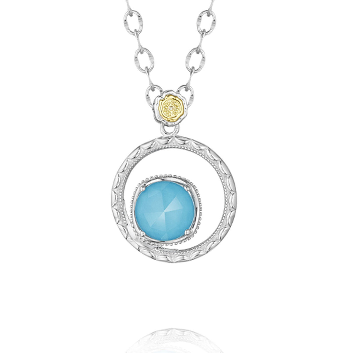 Gemma Bloom Neo-Turquoise Fashion Necklace | SN14005 featuring a silver round pendant with a turquoise stone set inside a textured circular frame and a small gold accent at the top.