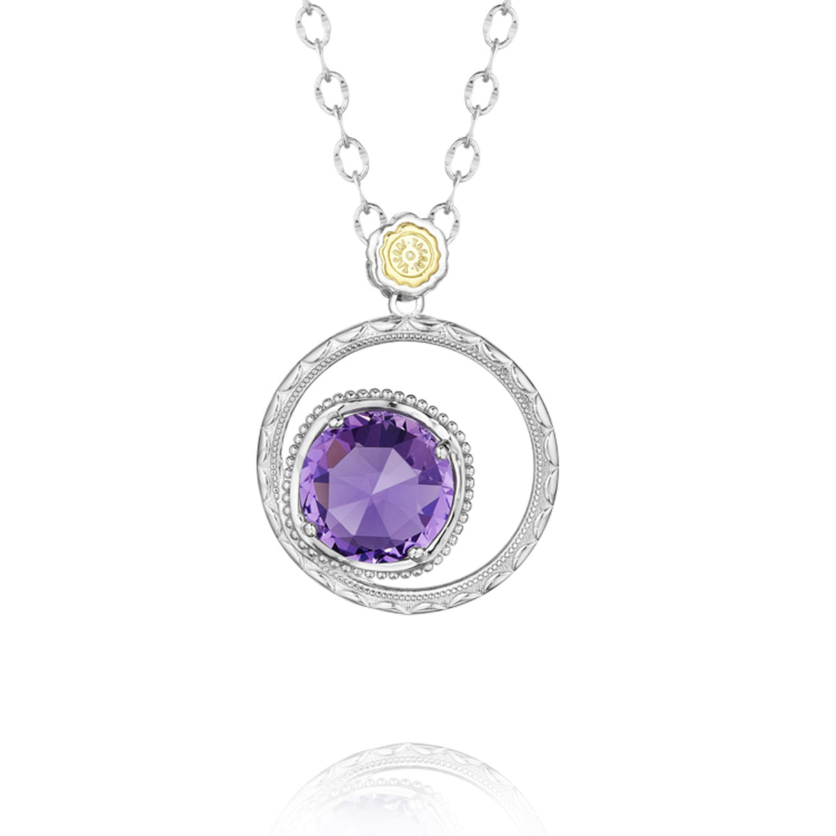 A Gemma Bloom Bold Amethyst Fashion Necklace SN14101 featuring a round amethyst pendant set in a textured silver circle, suspended from a silver chain with a small gold-accented link.