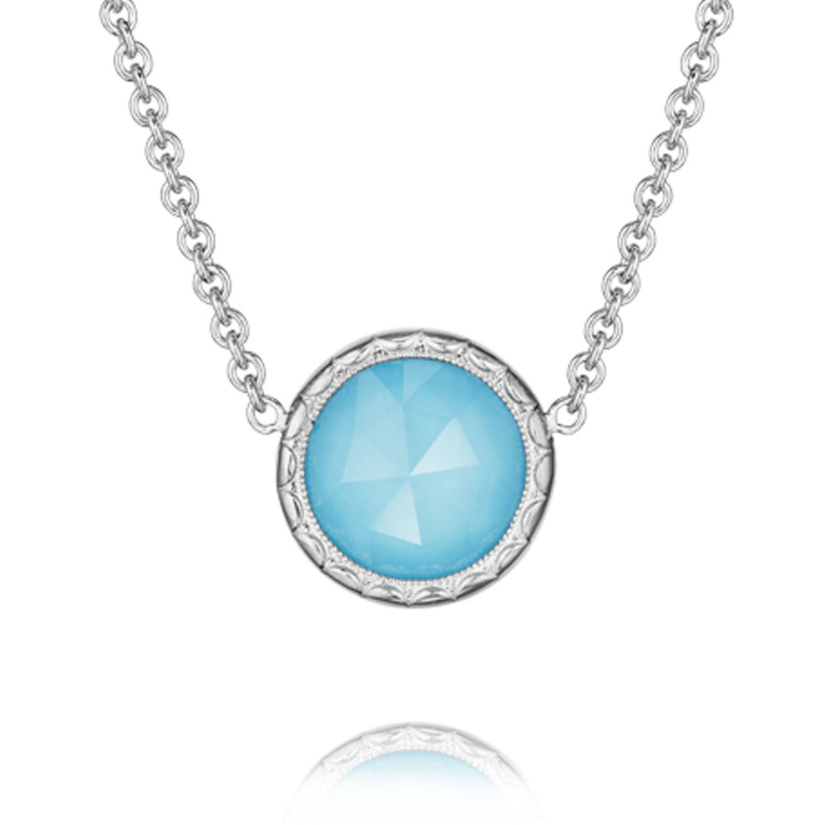 A round, faceted neo-turquoise stone set in a silver pendant on a delicate Crescent Embrace Neo-Turquoise Fashion Necklace | SN15305 chain.