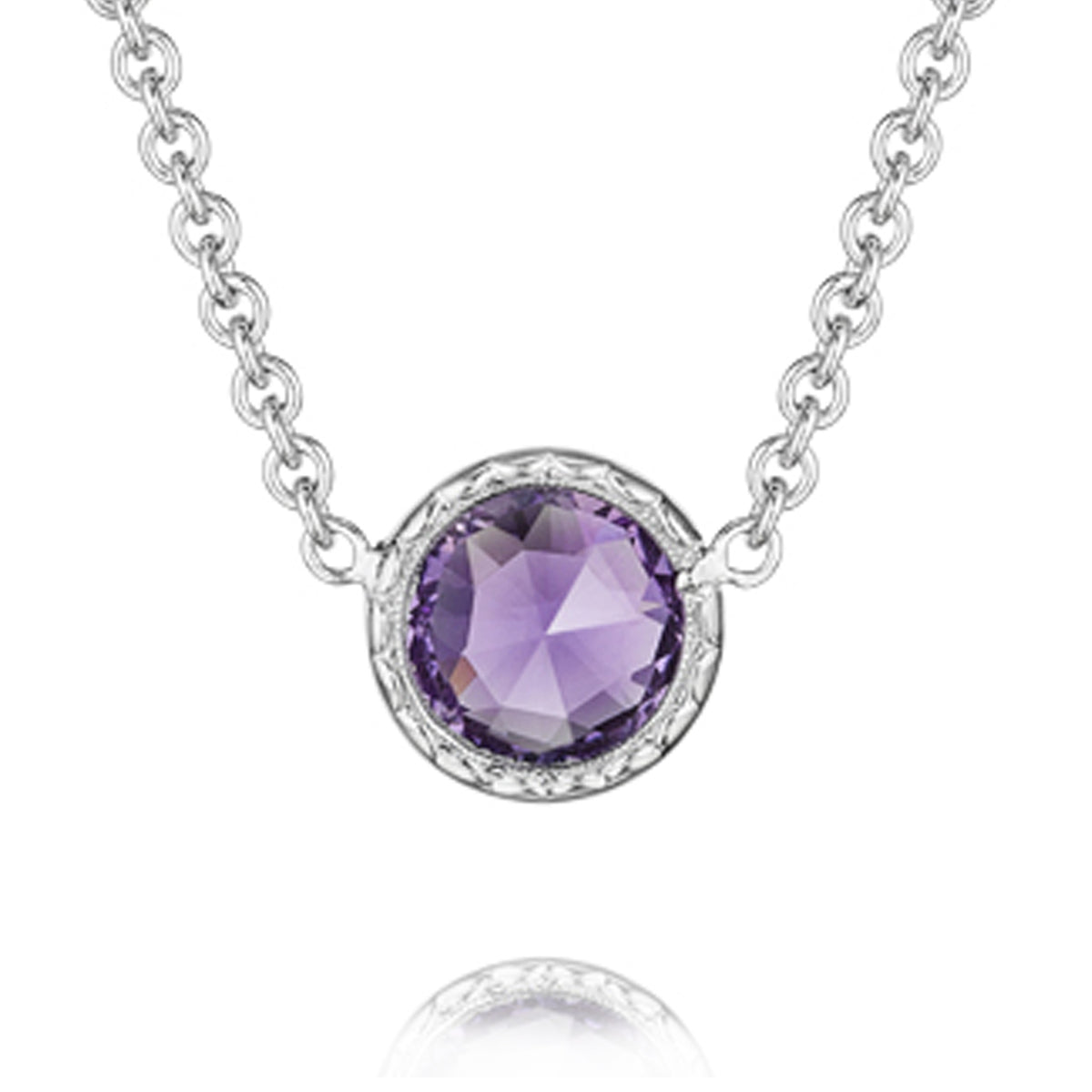 A Crescent Embrace Petite Amethyst Fashion Necklace | SN15401 featuring a round faceted amethyst in a textured silver setting on a silver link chain.