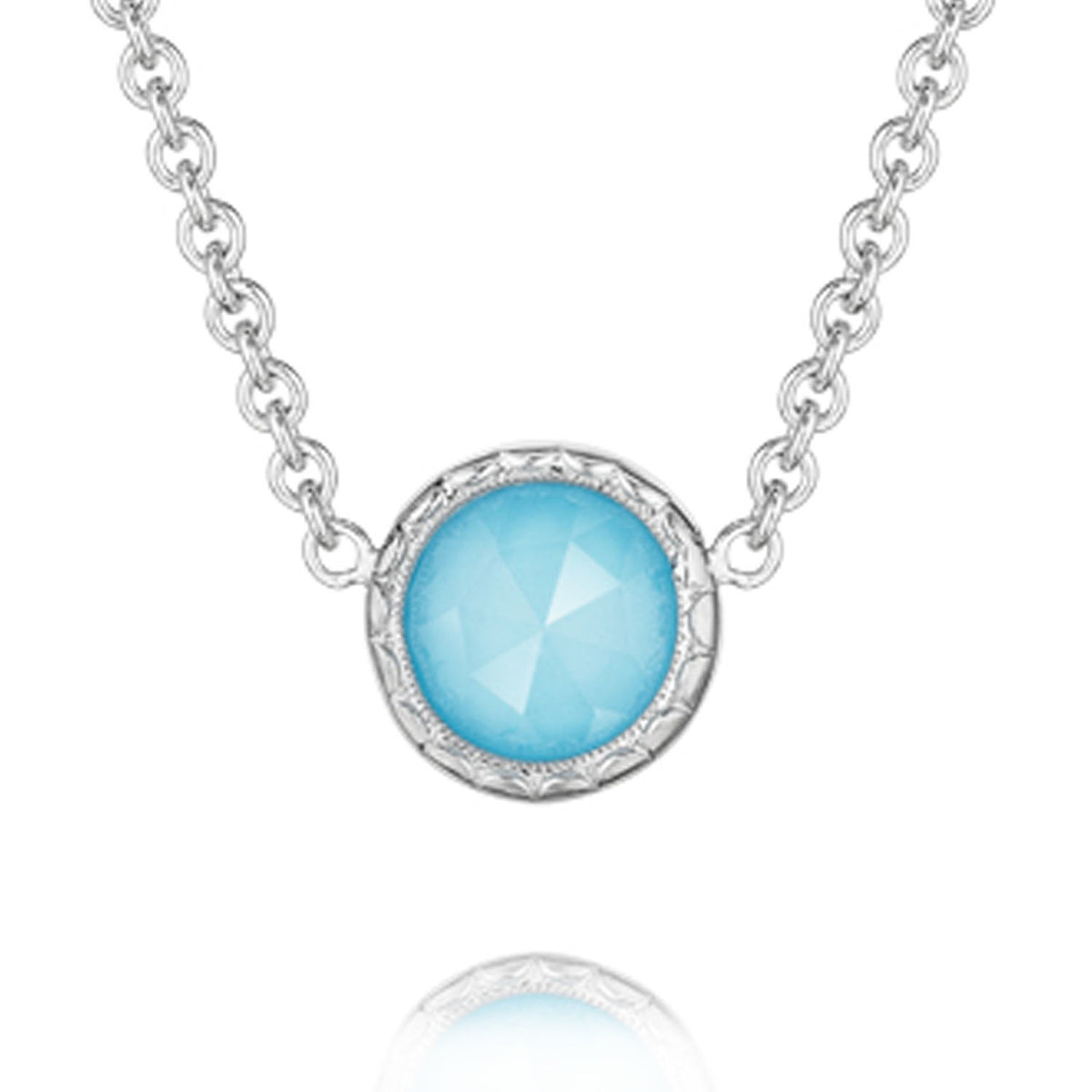 Crescent Embrace Petite Neo-Turquoise Fashion Necklace (SN15405) featuring a silver chain and a Tacori pendant with a round, faceted neo-turquoise stone in an engraved metal setting.