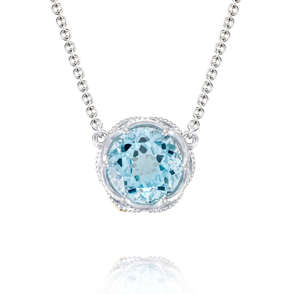 Tacori Crescent Crown Bold Sky Blue Topaz Fashion Necklace featuring a round Sky Blue Topaz pendant with milgrain details in a silver setting on a delicate cable chain.